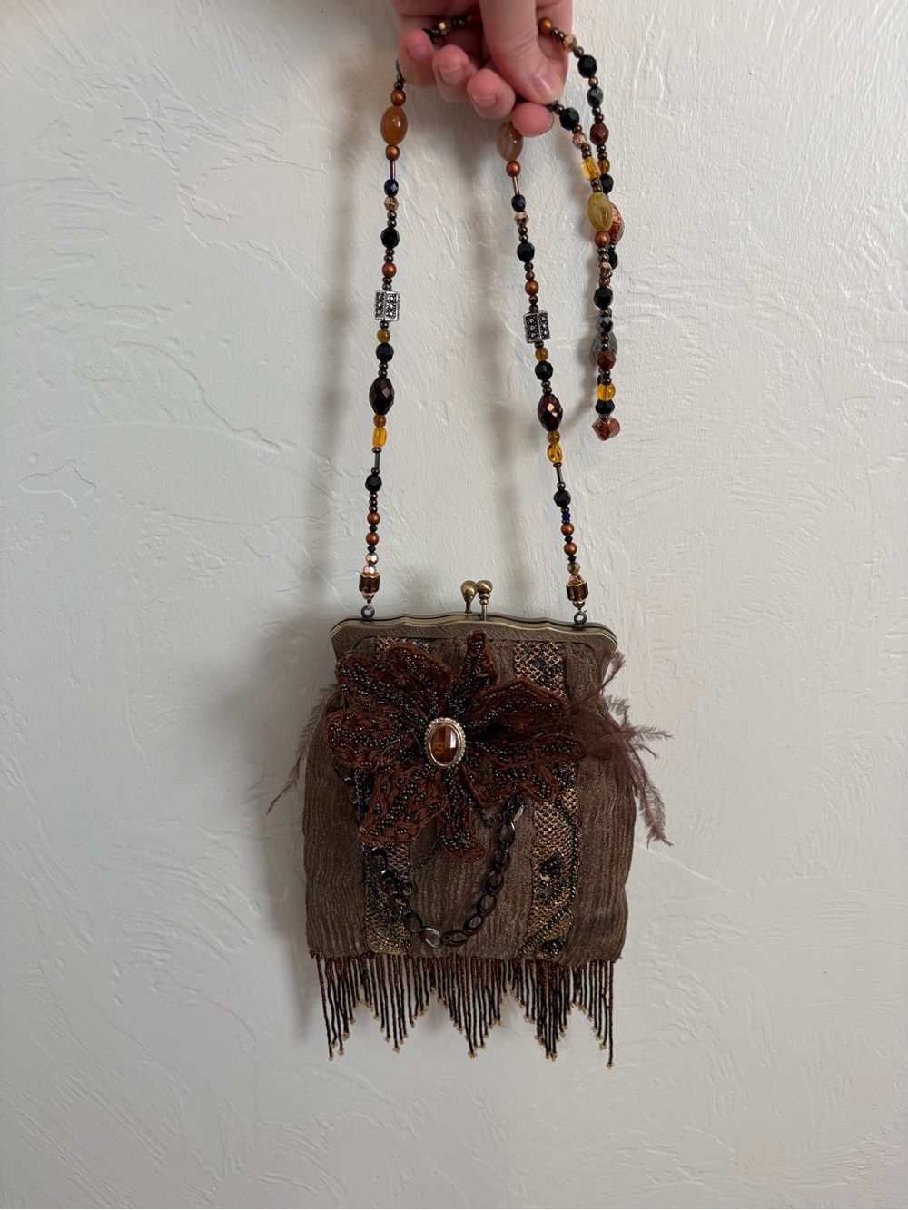 Mary Frances Beaded Brown Floral Embellished Evening Bag